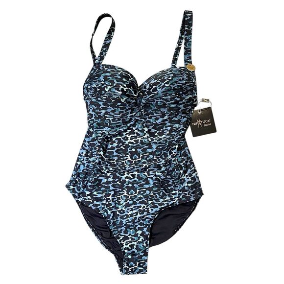 NEW Women's NIP TUCK Navy Leopard Multi-Fit Cup Ruched One Piece Swimsuit Size 8 - Picture 2 of 14